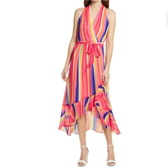 JULIA JORDAN Bright Rainbow Wrap Front Stripe Midi Dress Size 12 - Picture 2 of 11
